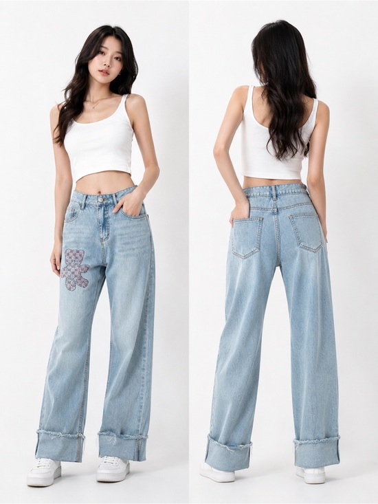 Denim - Light Wash Wide Leg Women's Jeans - Blue